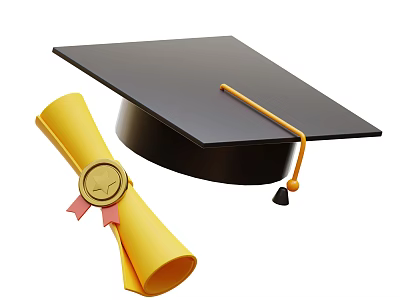 Black Graduation Mortarboard with Tassel and Yellow Diploma Scroll Featuring Red Ribbon and Gold Seal 3d model