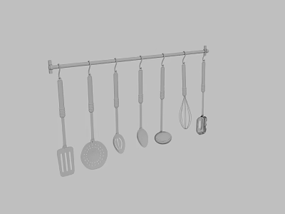 Kitchen Utensil Set Hanging On Wall Mounted Rack With Spatula Ladle And Whisk 3d model