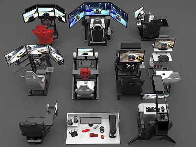 Entertainment Electronics Gaming Simulator Setups With Multiple Screens Racing Seats And Steering Wheels 3d model