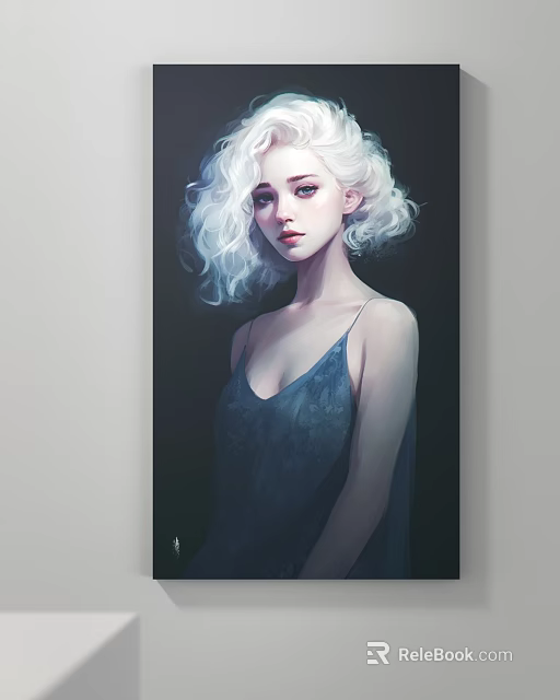 Portrait of Woman with White Curly Hair Wearing Dark Blue Spaghetti Strap Dress Dark Background 3d model 