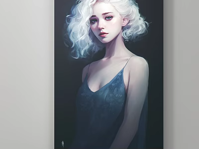 Portrait of Woman with White Curly Hair Wearing Dark Blue Spaghetti Strap Dress Dark Background 3d model