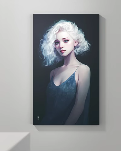 Portrait of Woman with White Curly Hair Wearing Dark Blue Spaghetti Strap Dress Dark Background 3d model