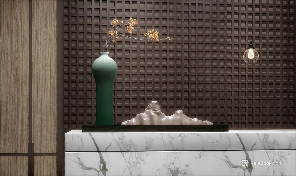 Modern Shower Sauna Interior With Wooden Lattice Wall Marble Countertop And Hanging Bulb 3d model 