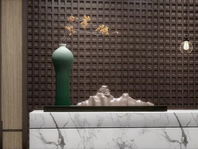 Modern Shower Sauna Interior With Wooden Lattice Wall Marble Countertop And Hanging Bulb 3d model