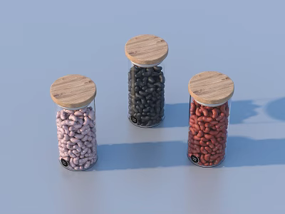 Glass Jars With Wooden Lids Holding Various Colored Beans On Blue Surface 3d model