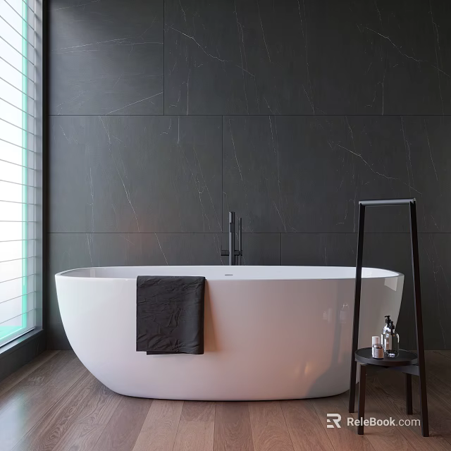 Freestanding White Bathtub By Window With Black Towel Dark Tiled Wall And Toiletries On Shelf 3d model 