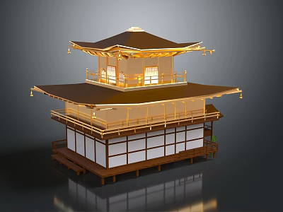 Cartoon Scene Of Traditional Japanese Two Story Pavilion With Golden Roof Wooden Structure And Lit Windows 3d model