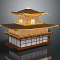 Cartoon Scene Of Traditional Japanese Two Story Pavilion With Golden Roof Wooden Structure And Lit Windows