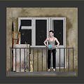 Balcony With Wall Window Railing Person Holding Cup And Storage Box