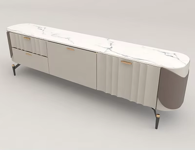 Modern Elegant TV Stand With White Marble Top And Light Gray Storage Cabinets 3d model