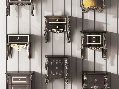 Classic Black Bedside Tables With Gold Accents Intricate Carvings And Drawer Designs 3d model