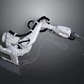 White Industrial Robotic Arm With Black Cables And Grey Background Setting 3d model