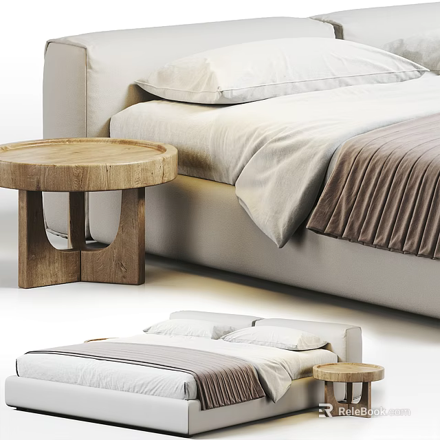 Light Colored Double Bed with White and Brown Bedding and Wooden Round Side Table 3d model 