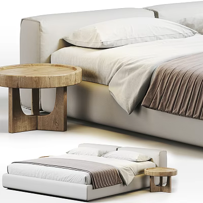 Light Colored Double Bed with White and Brown Bedding and Wooden Round Side Table 3d model