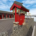 Traditional Ancient Chinese Architecture With Red Pillars Open Courtyard And River View Stone Bridge