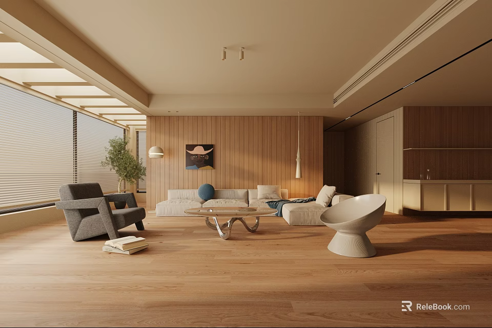 Modern Living Room Interior With Wooden Accents Sofa Coffee Table And Floor To Ceiling Windows 3d model 
