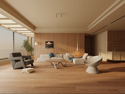 Modern Living Room Interior With Wooden Accents Sofa Coffee Table And Floor To Ceiling Windows 3d model