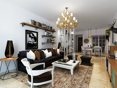 Elegant Living Room Interior Featuring Golden Chandelier Sofa Bookshelves Decorative Painting And Rug 3d model