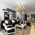 Elegant Living Room Interior Featuring Golden Chandelier Sofa Bookshelves Decorative Painting And Rug
