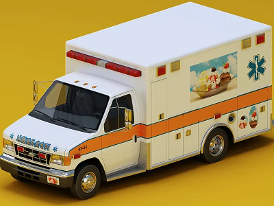 White Medical Ambulance With Orange Stripes Red Emergency Lights Ice Cream Graphic 3d model