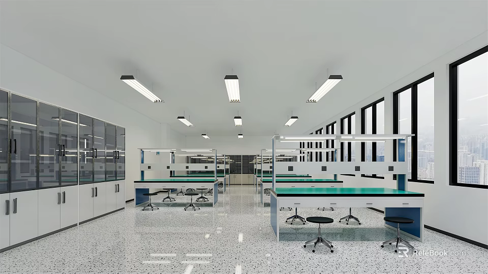 Bright Modern Laboratory With Spacious Workbenches Glass Storage Cabinets Large Windows And Overhead Lights 3d model 