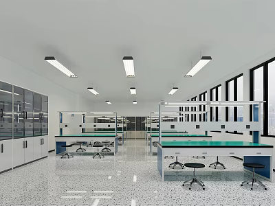 Bright Modern Laboratory With Spacious Workbenches Glass Storage Cabinets Large Windows And Overhead Lights 3d model