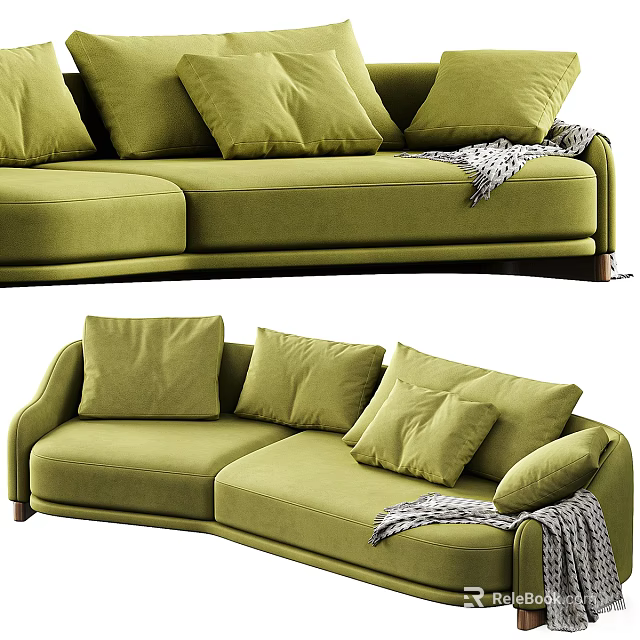 Green Three Seater Sofa with Multiple Soft Cushions and Striped Throw Blanket 3d model 