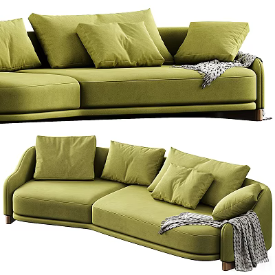 Green Three Seater Sofa with Multiple Soft Cushions and Striped Throw Blanket 3d model
