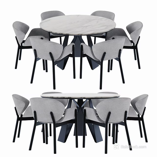 Modern Round Dining Table Set With Marble Top And Gray Upholstered Chairs 3d model