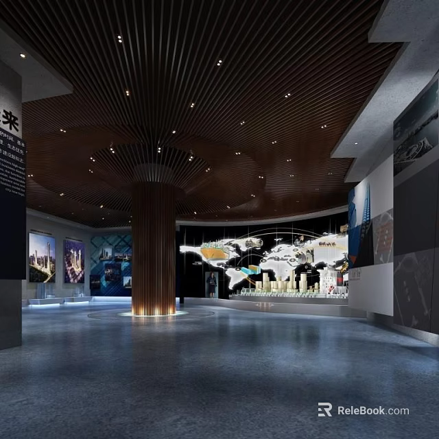 Modern Sales Office Open Space With Wooden Ceiling World Map Model And Lighting Design 3d model 