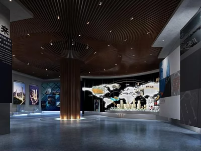 Modern Sales Office Open Space With Wooden Ceiling World Map Model And Lighting Design 3d model