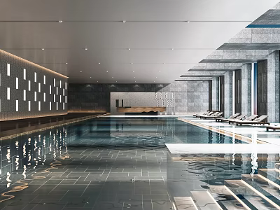 Modern Indoor Swimming Pool Interior With Gray Walls Lighting Decorations And Lounge Chairs 3d model