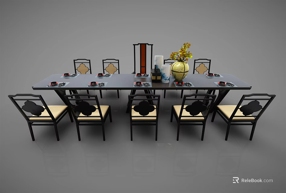 Classic Dining Table Set With Long Wooden Table Decorative Vase And Chairs 3d model