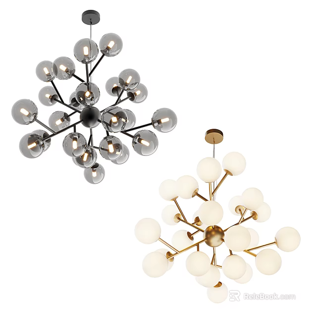 Modern Branching Chandelier Design With Black Gold Frames And Glass Globes 3d model 