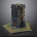 Stone Circular Tower Fortress With Windows Door Square Base And Greenery On Top