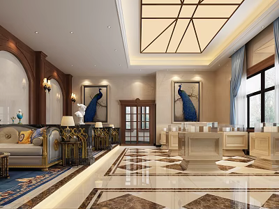 Elegant Luxurious Lounge Area With Peacock Paintings Sofa And Marble Floor 3d model