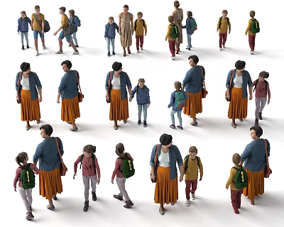 Group of Multiple People Walking Together With Adults And Children Carrying Backpacks 3d model