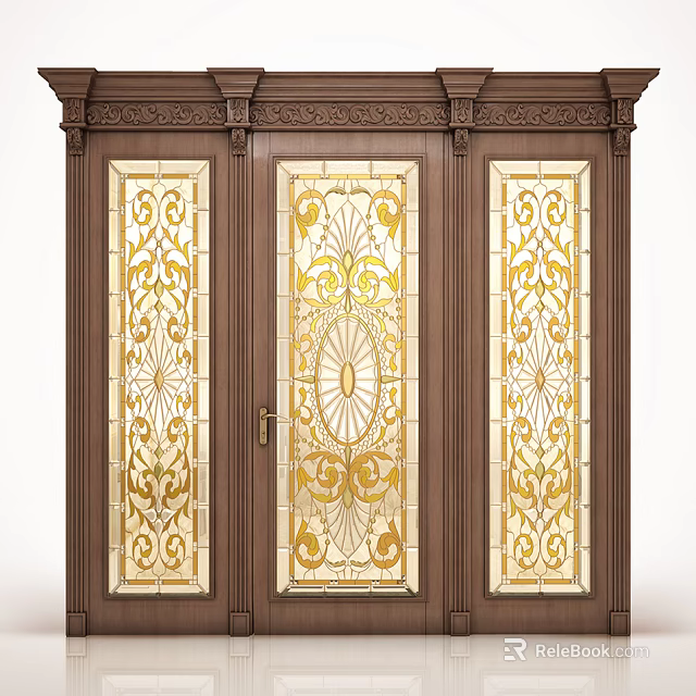 Classic Wooden Entrance Door With Intricate Gold Patterned Glass Panels And Carved Details 3d model 
