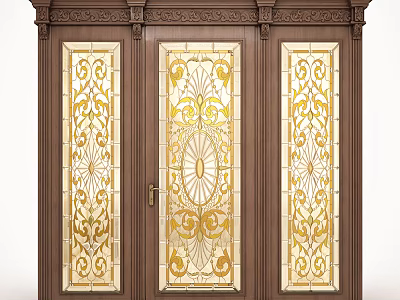Classic Wooden Entrance Door With Intricate Gold Patterned Glass Panels And Carved Details 3d model