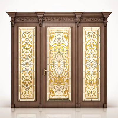 Classic Wooden Entrance Door With Intricate Gold Patterned Glass Panels And Carved Details 3d model