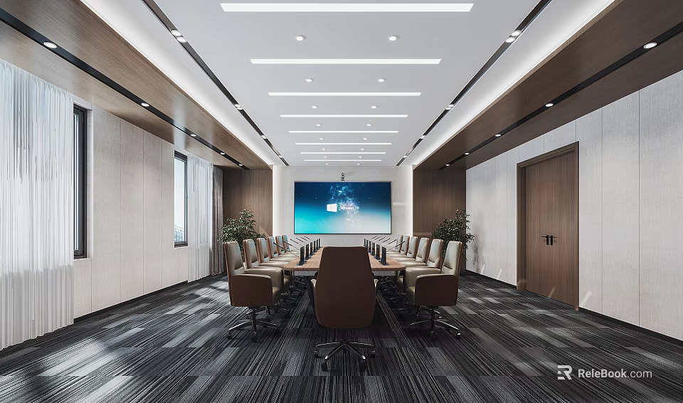 Modern Conference Room Interior Design With Long Table Chairs Large Screen Ceiling Lights And Carpet 3d model
