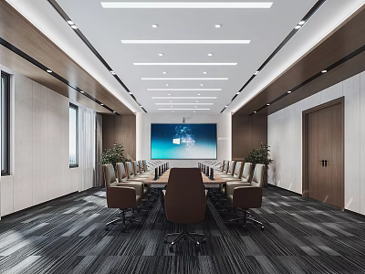 Modern Conference Room Interior Design With Long Table Chairs Large Screen Ceiling Lights And Carpet 3d model