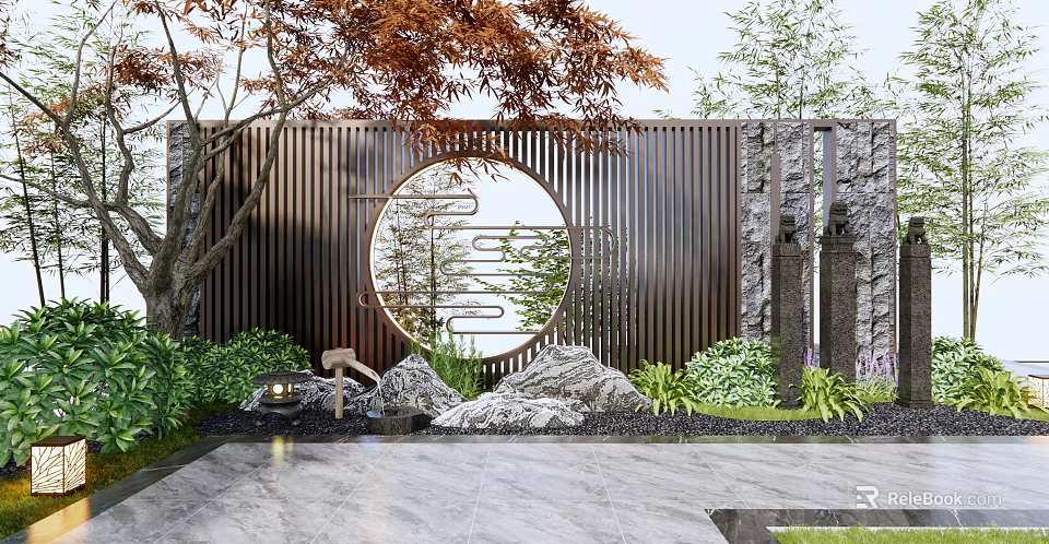Chinese Style Scenic Garden Wall With Circular Cutout Vertical Slats Green Plants Rocks And Trees 3d model 