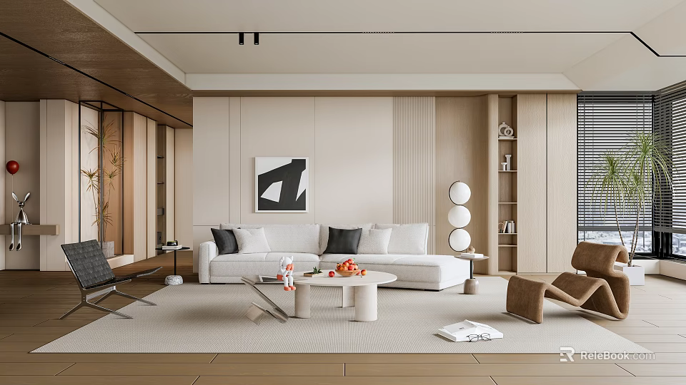 Modern Living Room Interior With White Sofa Coffee Table Circular Decor And Artwork 3d model