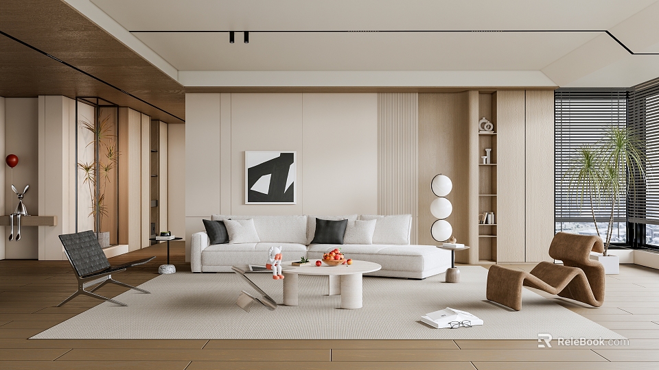 Modern Living Room Interior With White Sofa Coffee Table Circular Decor And Artwork 3d model 