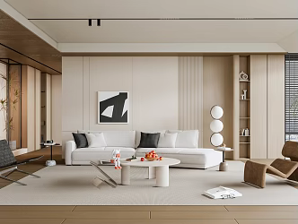 Modern Simple Style Living Room Multi-person Fabric Sofa Marble Coffee Table Combination Casual Single Sofa Art Hanging Painting Decoration Floor Plant Simple Living Room 3d model