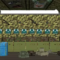 Weapons Display with Camouflage Background Ceiling Green Signs Tables Stools Ammunition Boxes 3d model