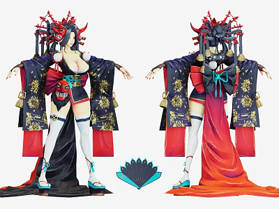 Game Anime Character In Traditional Kimono With Ornate Headdress And Gold Patterns 3d model