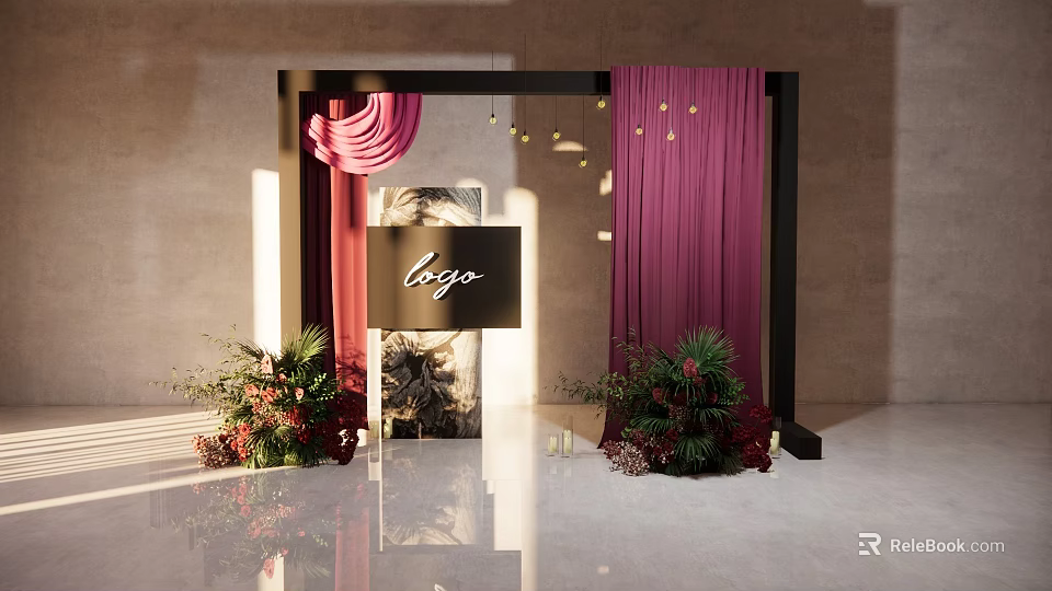 Elegant Floral Installation With Black Frame Purple Curtains And Logo Sign 3d model 