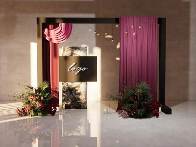 Elegant Floral Installation With Black Frame Purple Curtains And Logo Sign 3d model